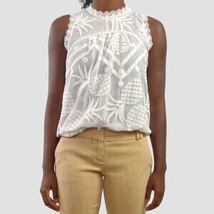 Maeve Anthropologie Pineapple Lace Scallop Neck White Sleeveless Eyelet Top Sz 8